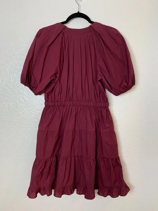 Ulla Johnson Olina Puff-Sleeve Tiered Cotton Poplin Dress Womens 8 Burgundy Boho - Picture 11 of 15